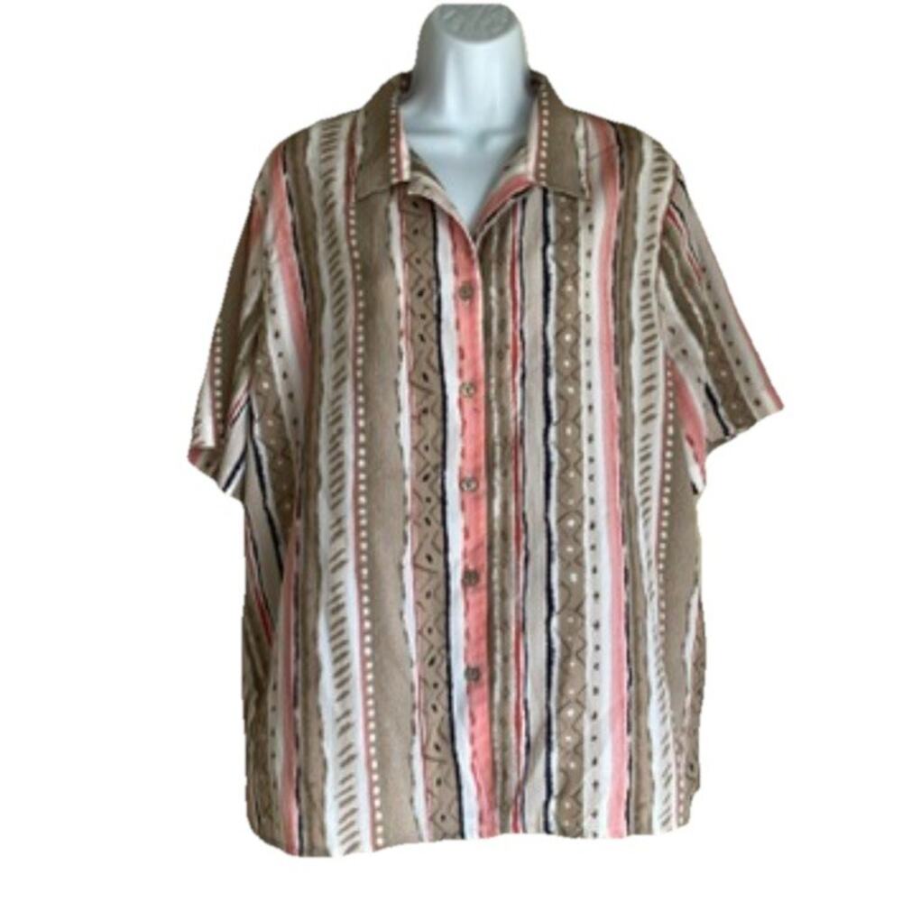VTG Allison Daley Women Plus Size 16 Academia Tan Pink Stripe Button Up Blouse